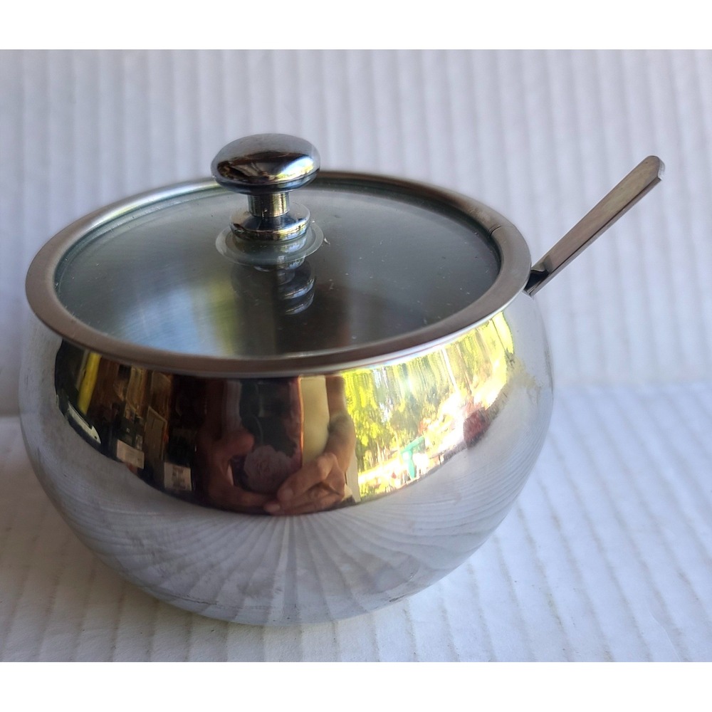 Kook Stainless Steel 304 Sugar Bowl with Glass Lid & Serving Spoon Mirror Finish